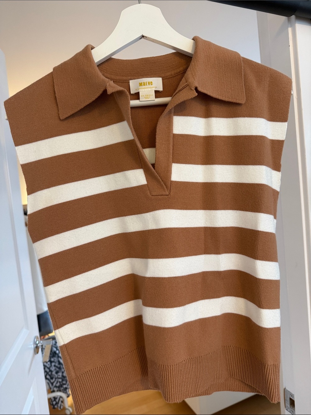 Maeve Brown and Cream Striped V-Neck Polo Sweater Vest